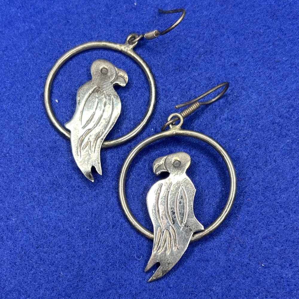 Silver Parrot Hoop Earrings Mexican 925 Sterling